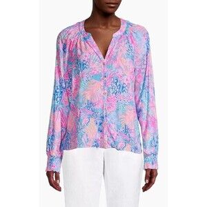 Lilly Pulitzer Size XS Women’s Nolena Top V Neck Long Sleeves Smocked Trim GH8-8